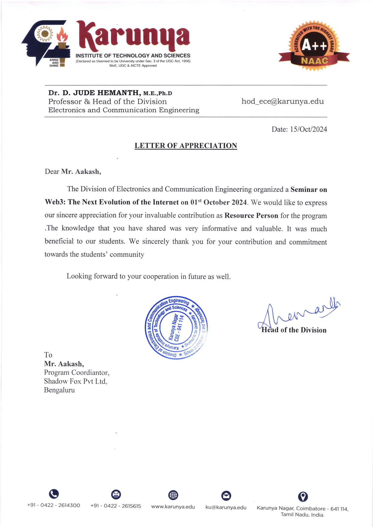 Karunya Institute of Technology and Sciences appreciation letter