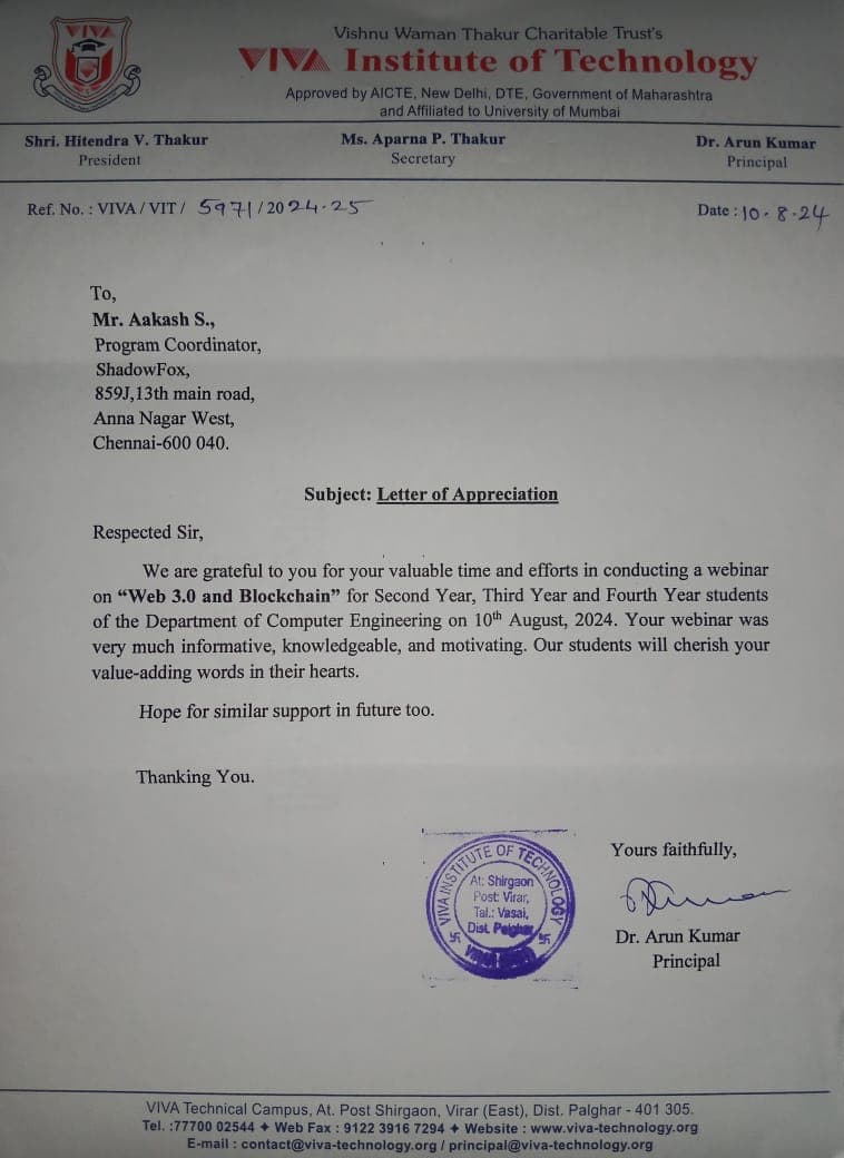 VIVA Institute of Technology appreciation letter